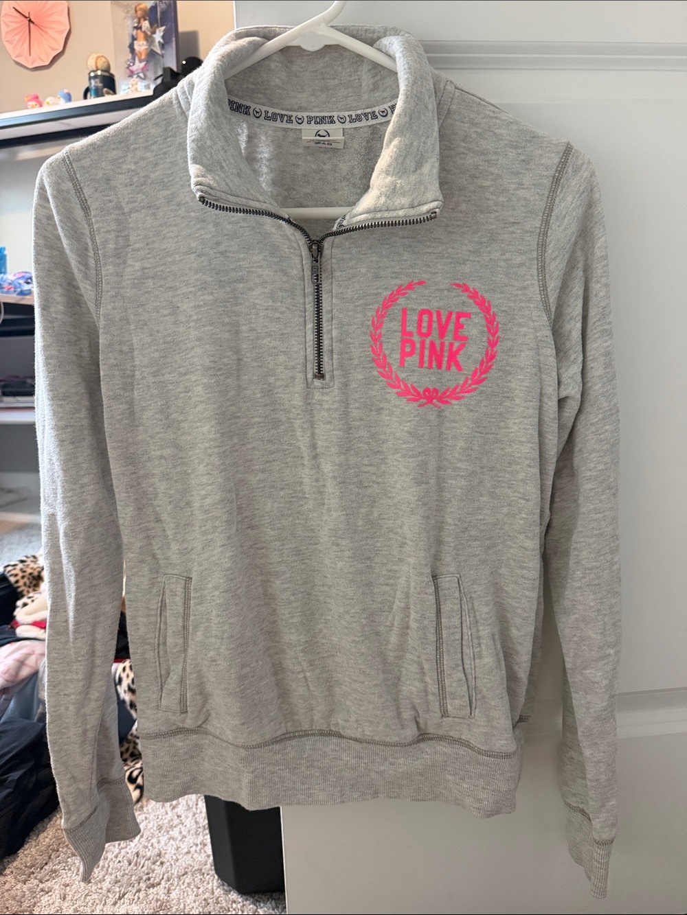 PINK Victoria's Secret Light Gray Half-Zip Pullover with Hot Pink Logo